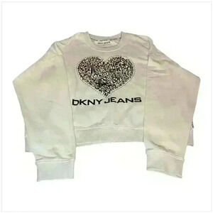 DKNY Women's White Sweatshirt XL Heart Logo Studded Casual Crew Neck
